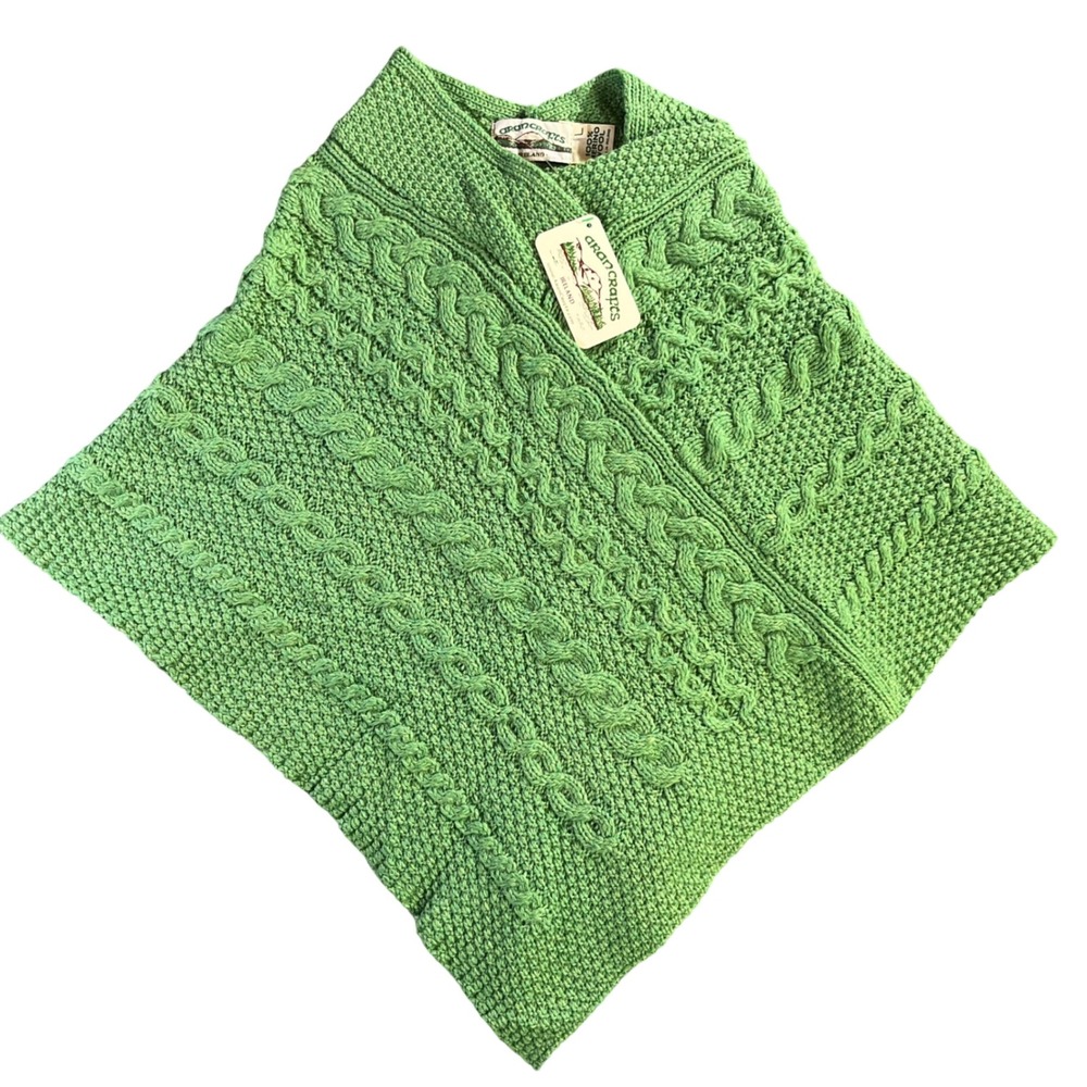 NWT Aran‎ Crafts Kids Green Marl Merino Wool Poncho L Made in Ireland Cable Knit